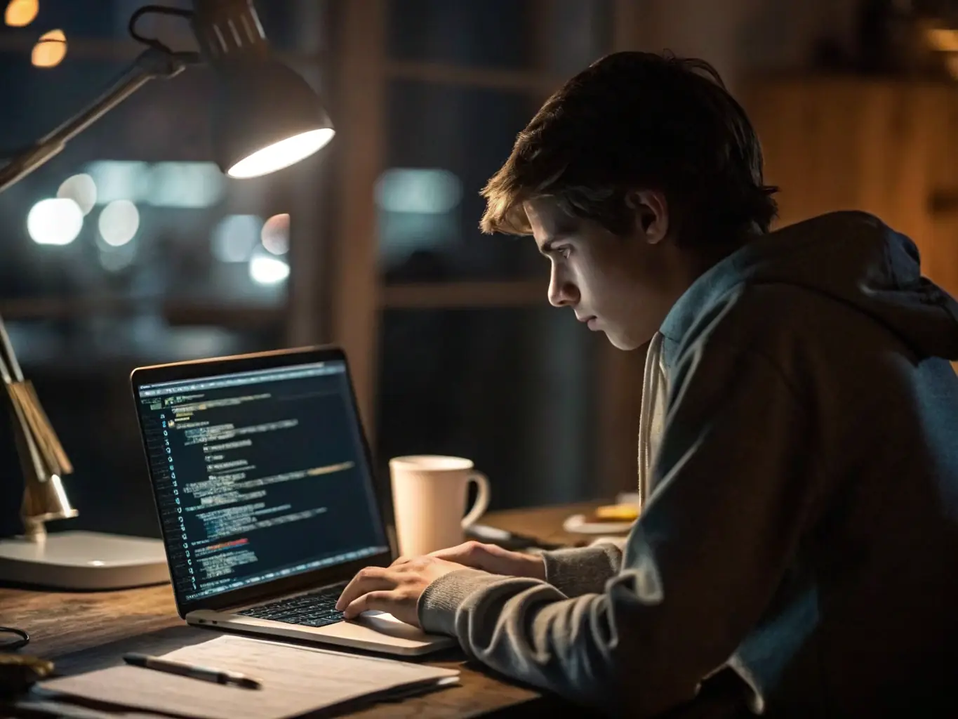 A focused student working on a complex JavaScript project, showcasing the practical application of course materials and the development of real-world skills.