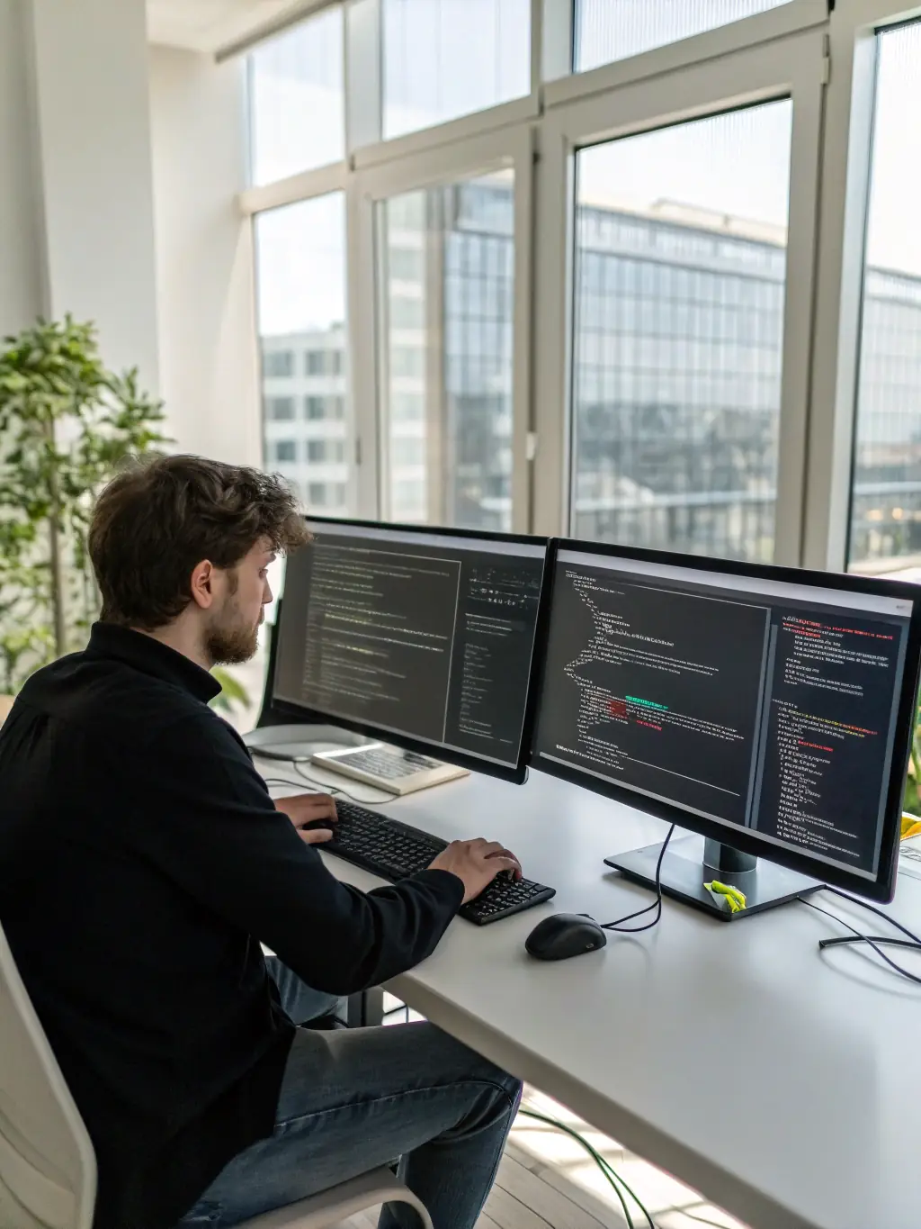 An image of a developer working with a modern JavaScript framework like React, Angular, or Vue.js, showcasing component-based architecture.